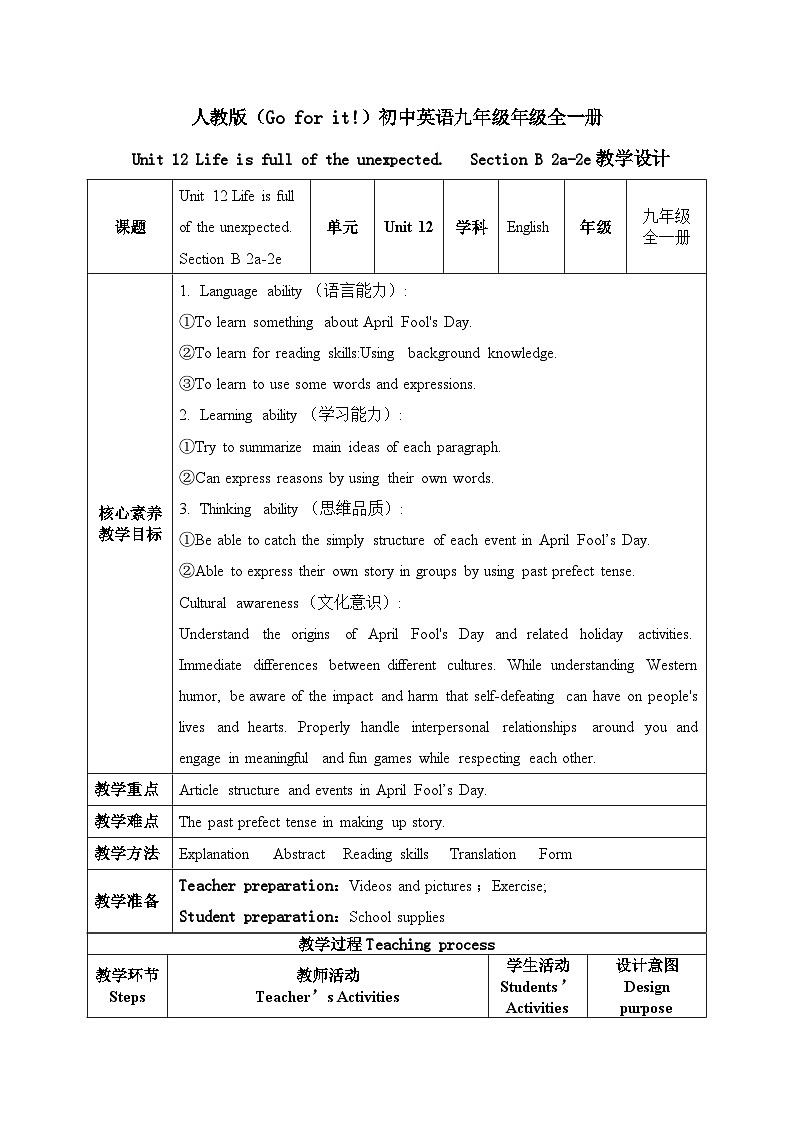 【核心素养目标】人教版初中英语九年级全册 Unit 12 Life is full of the unexpected Section B 2a-2e课件+教案+同步练习（含反思和答案）01