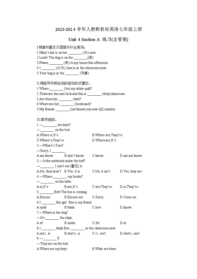 2023-2024学年人教新目标英语七年级上册Unit 4 Section A 练习(含答案)第1页