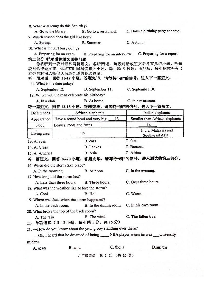 江苏省宿迁市沭阳县2023-2024学年度第一学期九年级10月 英语练习第2页