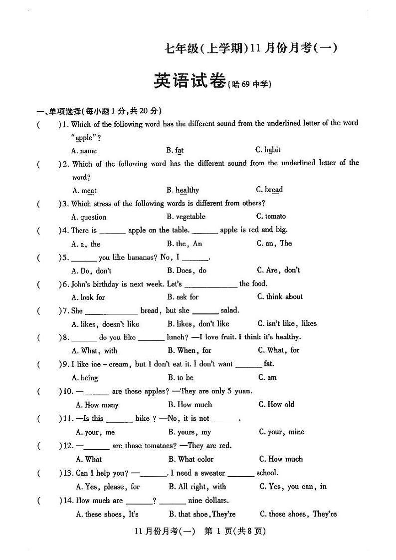 黑龙江省哈尔滨市六十九中学校2022-2023学年上学期英语七年级11月月考卷01