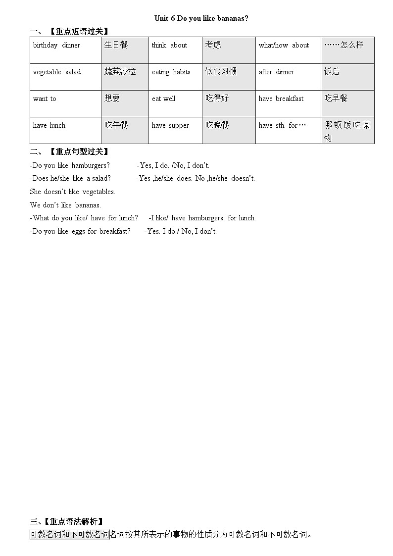 Unit 6 Do you like bananas_重点语法归纳总结 人教版七年级英语上册第1页