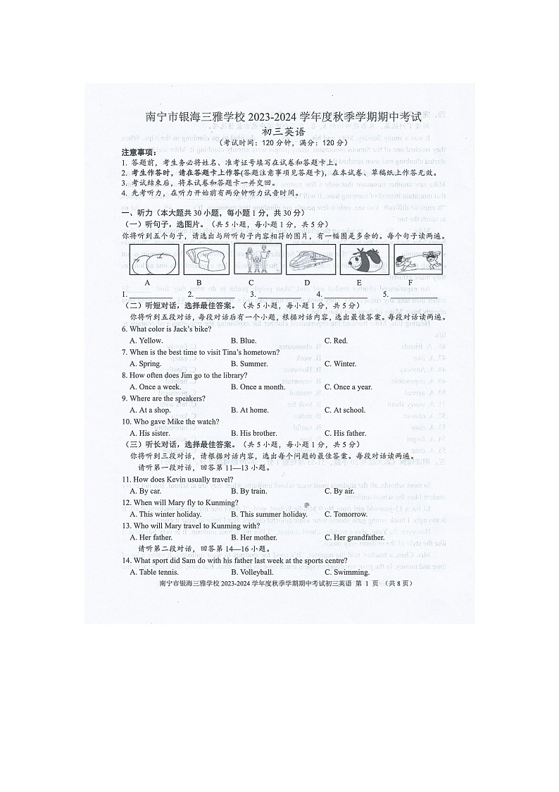 广西壮族自治区南宁市良庆区银海三雅学校2023-2024学年九年级上学期11月期中英语试题01