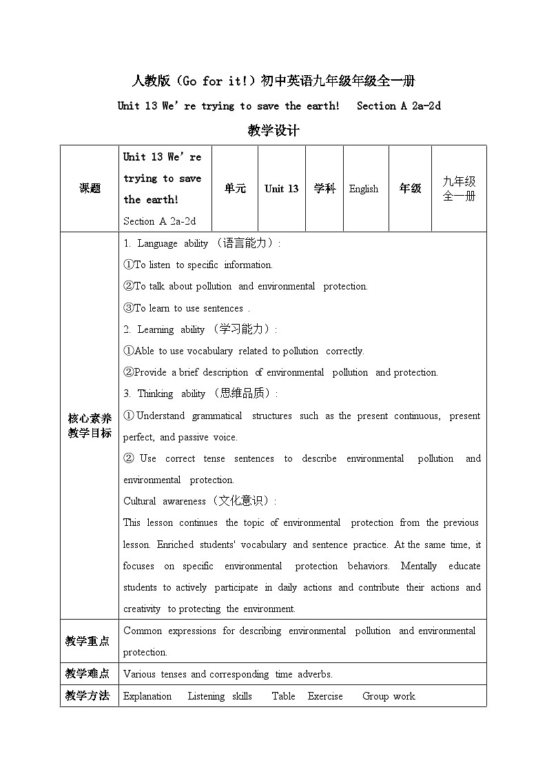 【核心素养目标】人教版初中英语九年级全册 Unit 13 We're trying to save the earth! Section A 2a-2d课件+教案+同步练习（含反思和答案）01