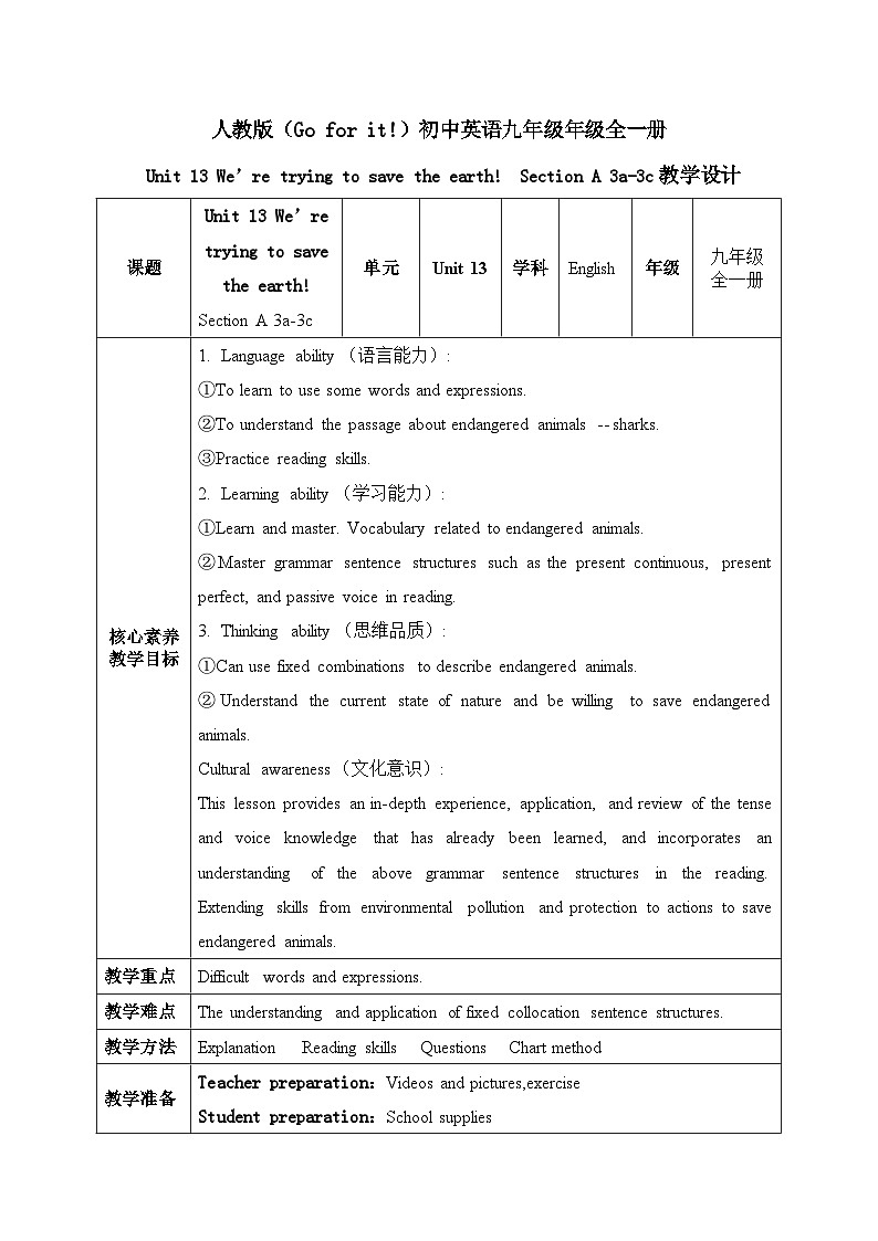 【核心素养目标】人教版初中英语九年级全册 Unit 13 We're trying to save the earth! Section A 3a-3b课件+教案+同步练习（含反思和答案）01