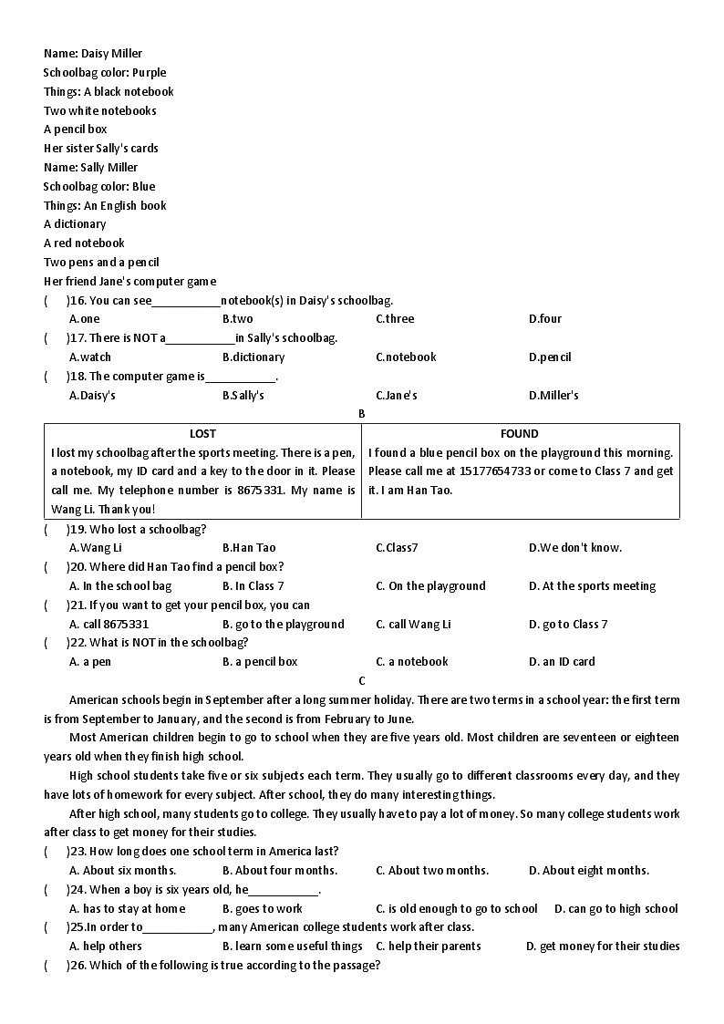 浙江省杭州市文晖中学2023-2024学年七年级上学期期中英语学科试题第2页