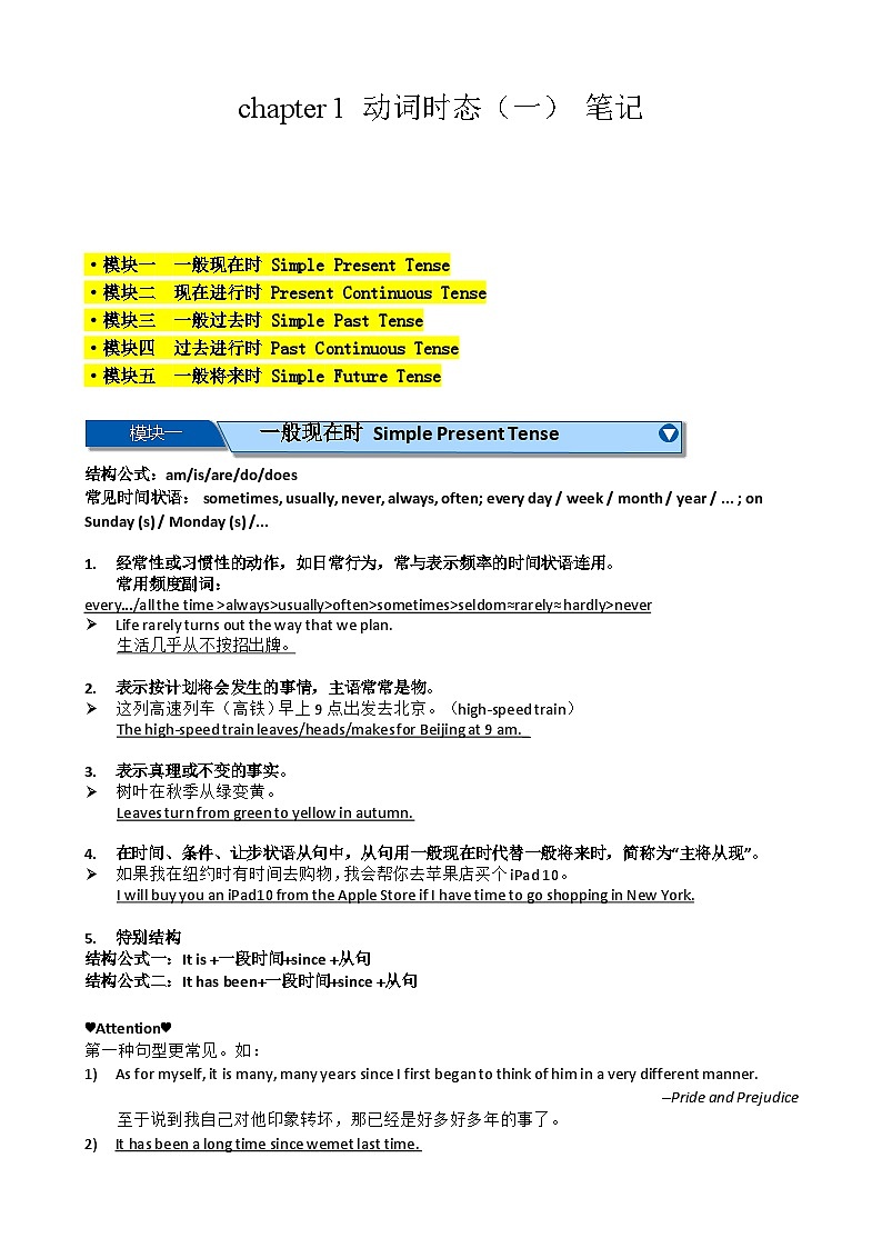 Chapter 1 动词时态（一）笔记（原卷版）第1页