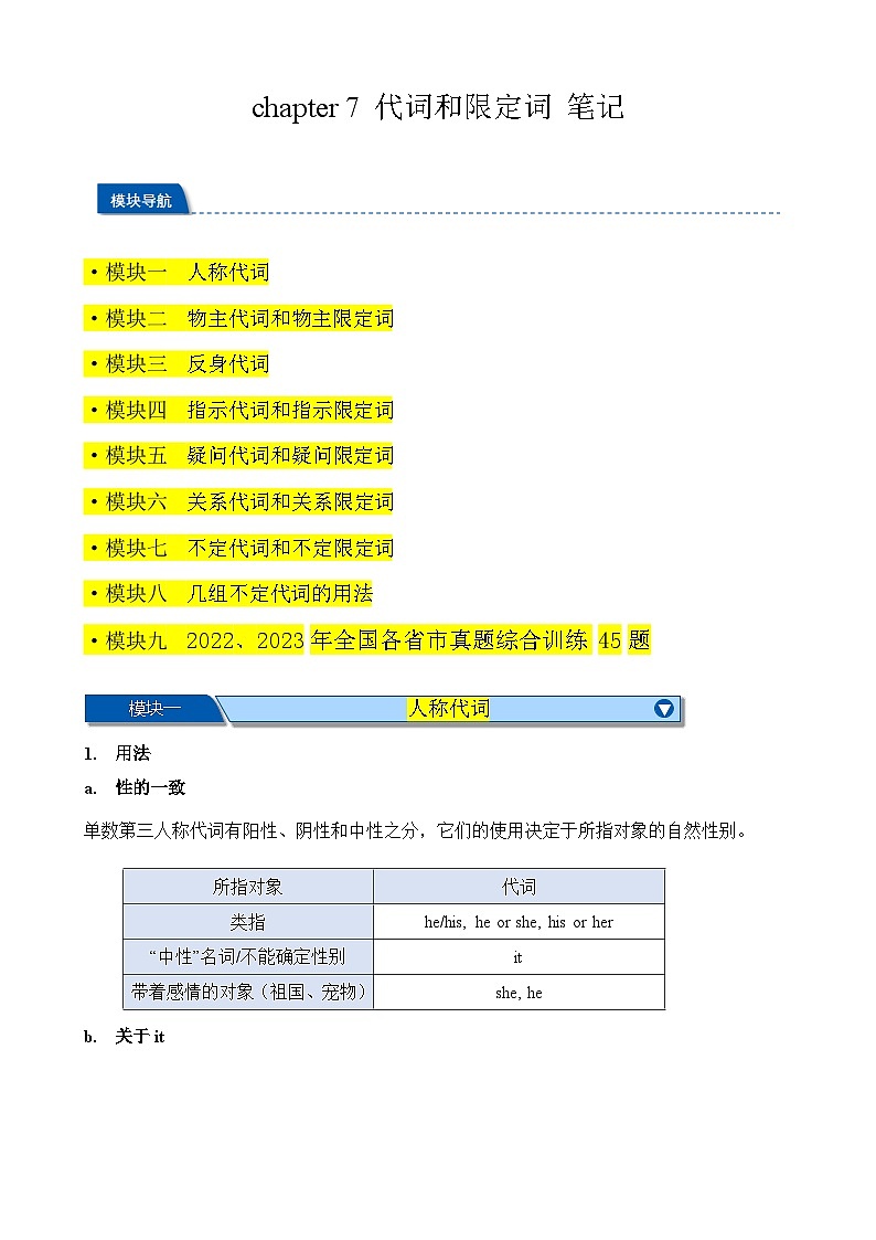 Chapter 7 代词和限定词 笔记（全国通用）（解析版）第1页