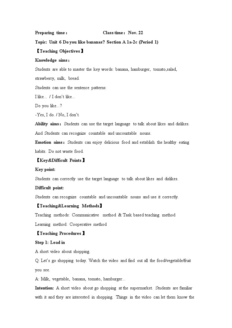 Unit 6 Do you like bananas_ Section A 1a-2c (Period 1)教案 人教版英语七年级上册第1页