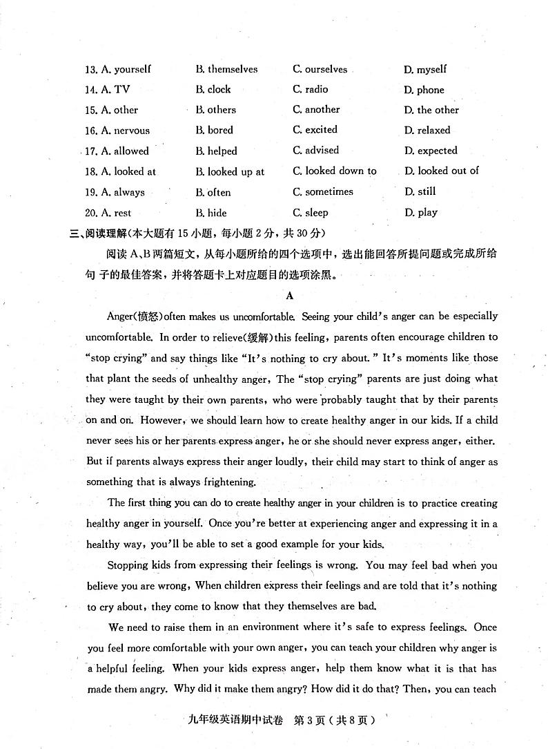 广东省茂名市电白区2023~2024 学年九年级上学期期中考试英语试题第3页