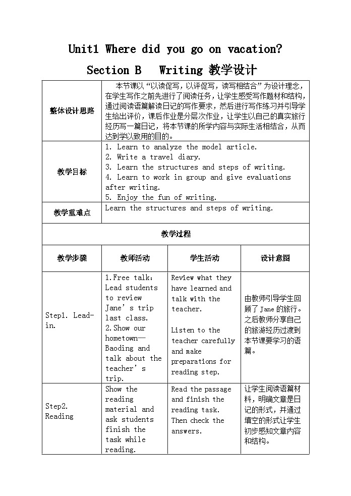 Unit 1 Where did you go on vacation Section B Writing 教案01