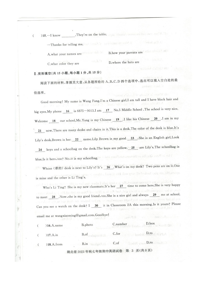 湖北省黄石市阳新县2023-2024学年七年级上学期11月期中英语试题第3页
