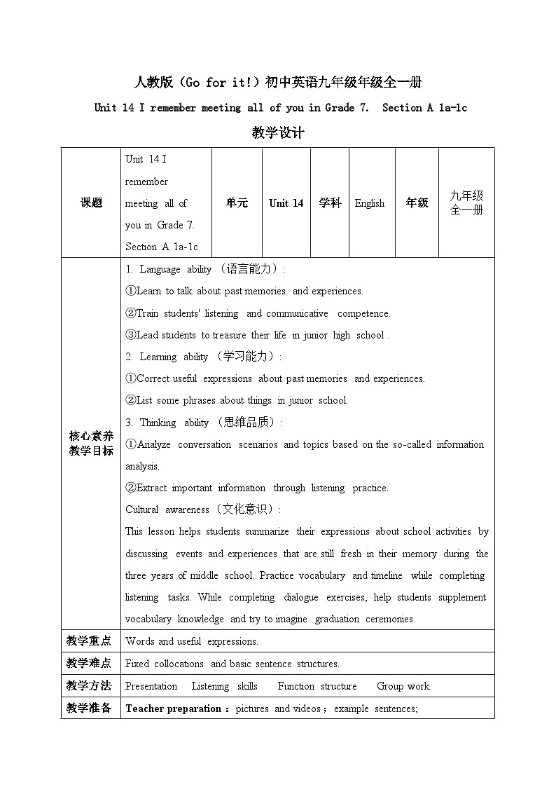 【核心素养目标】人教版初中英语九年级全册 Unit 14 I remember meeting all of you in Grade 7 Section A 1a-1c课件+教案+同步练习（含反思和答案）01