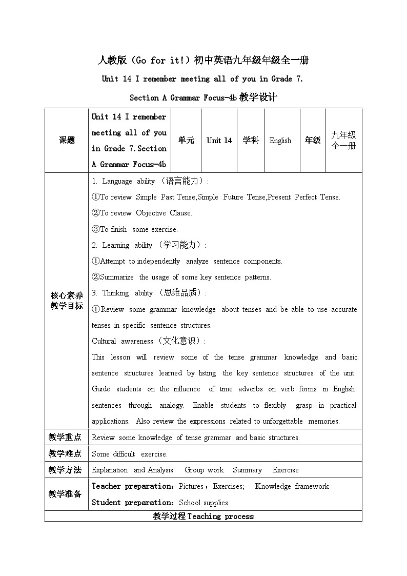 【核心素养目标】人教版初中英语九年级全册 Unit 14 I remember meeting all of you in Grade 7 Section A Grammar-4c课件+教案+同步练习（含反思和答案）01