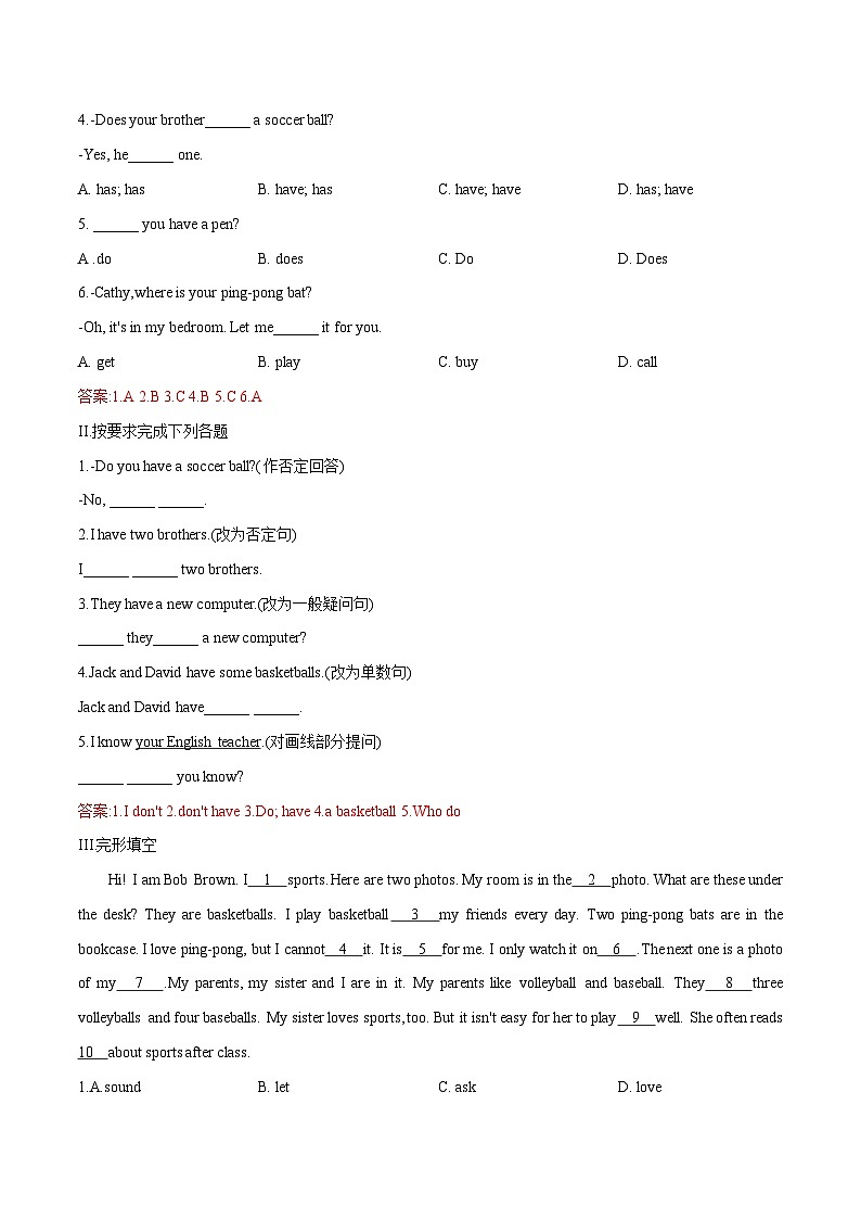2023-2024初中英语七年级上册单元课时练习-Unit 5 Do you have a soccer ball(Section A)第3页
