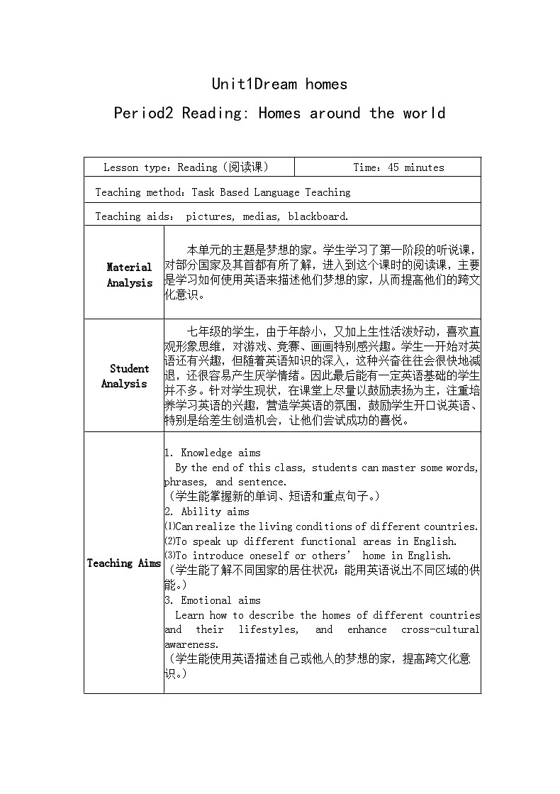 译林版英语七年级下册 Unit 1 Dream homes梦想的家 教案01