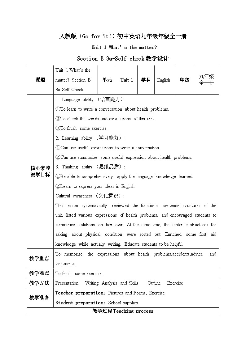 【核心素养目标】人教版初中英语八年级下册 Unit1 What's the matter Section B 3a-Self check教案+课件01