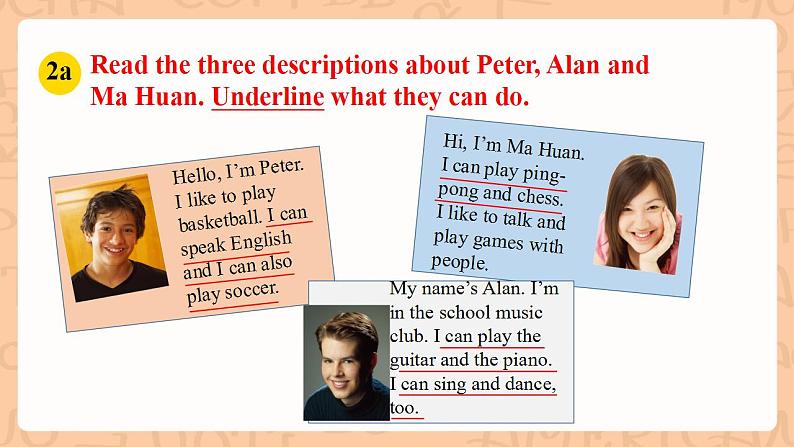 人教新目标版英语七下Unit 1《Can you play the guitar？》SectionB 2a-2c 阅读课件+素材包07