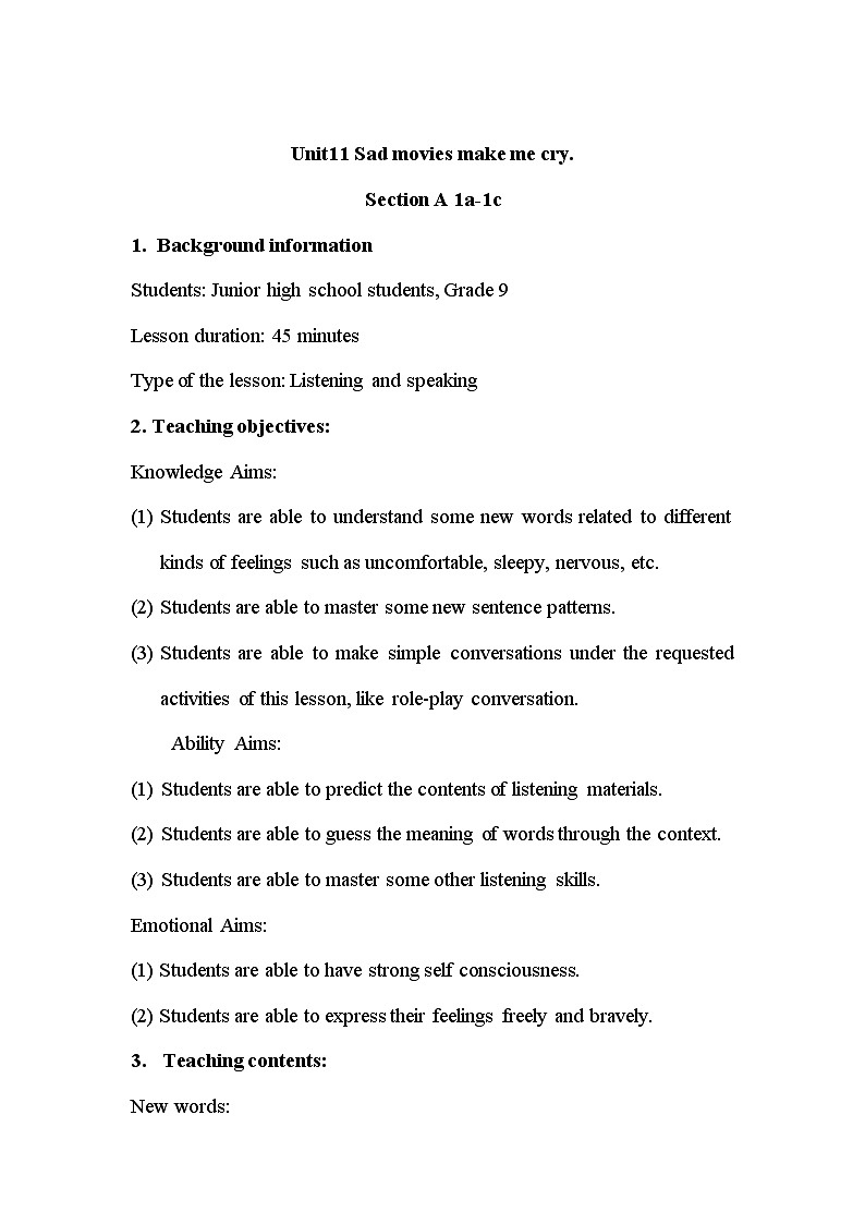 Unit11 Sad movies make me cry. Section A 1a-1c 教案 人教版九年级英语全册01