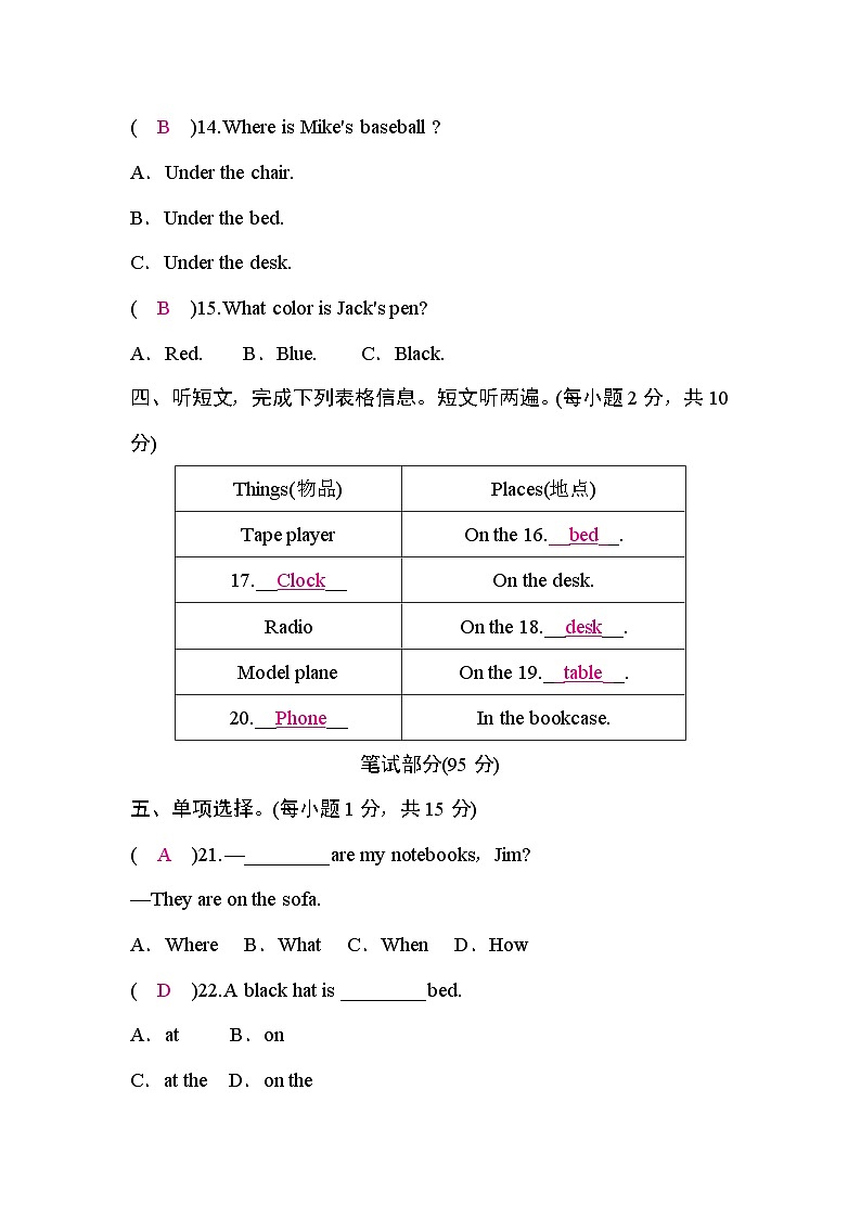 人教版5.七年级英语上册Unit 4检测题(RJ)第3页