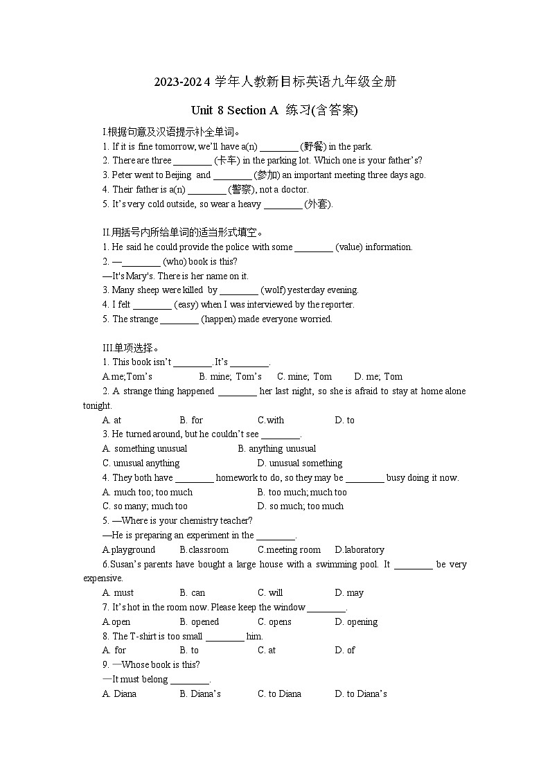 2023-2024学年人教新目标英语九年级全册Unit 8 Section A 练习(含答案)01