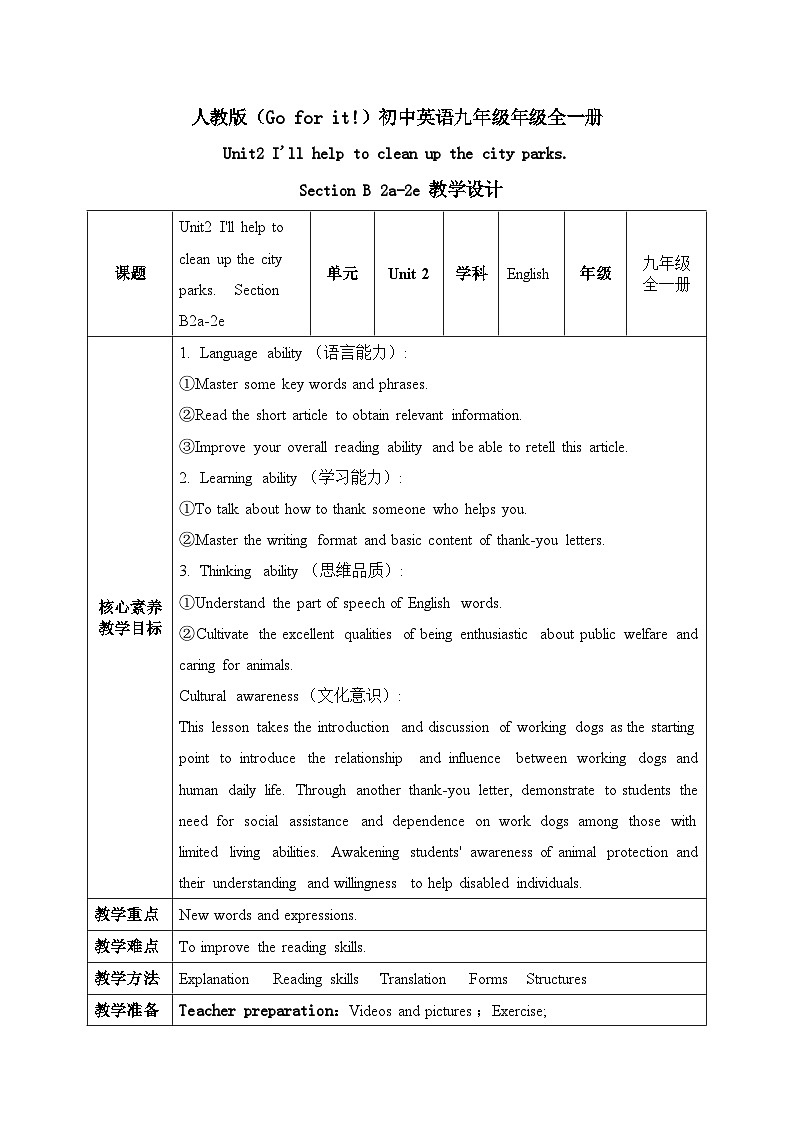 【核心素养目标】人教版初中英语八年级下册 Unit2 I'll help to clean up the city parks. Section B 2a-2e教案+课件01