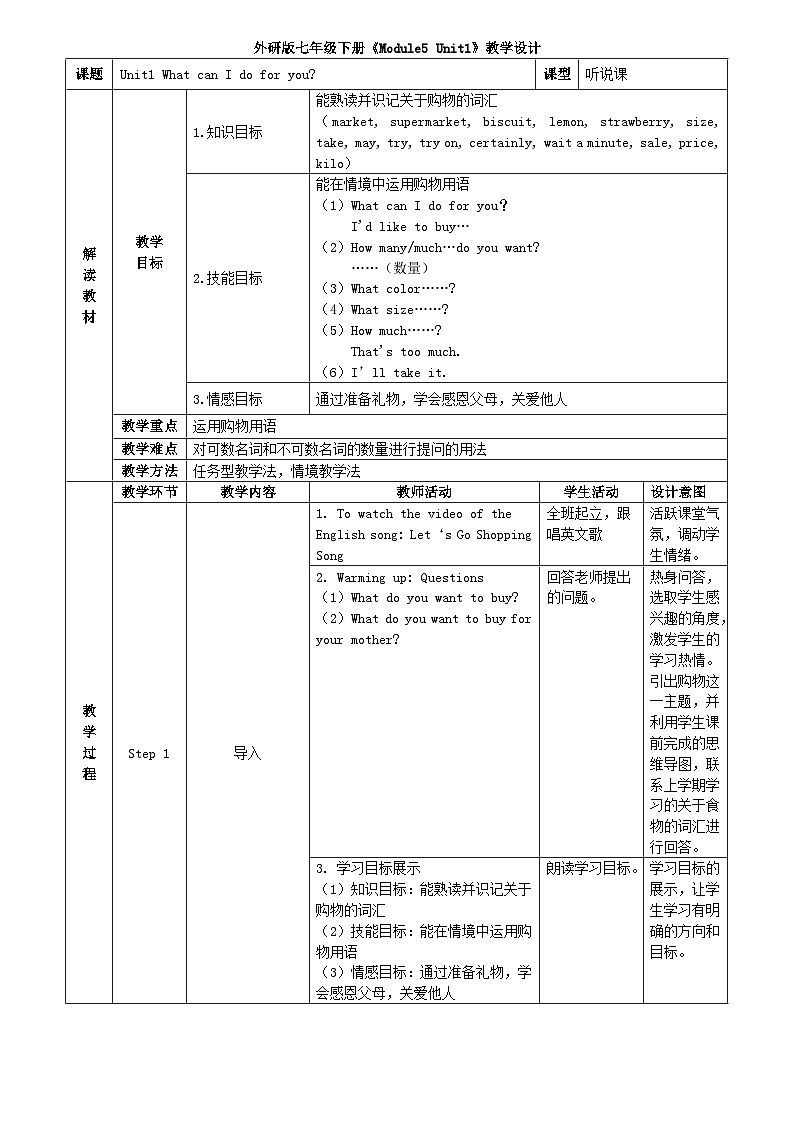 外研版英语七年级下册 Module5 Unit 1 What can I do for you？ 教案01