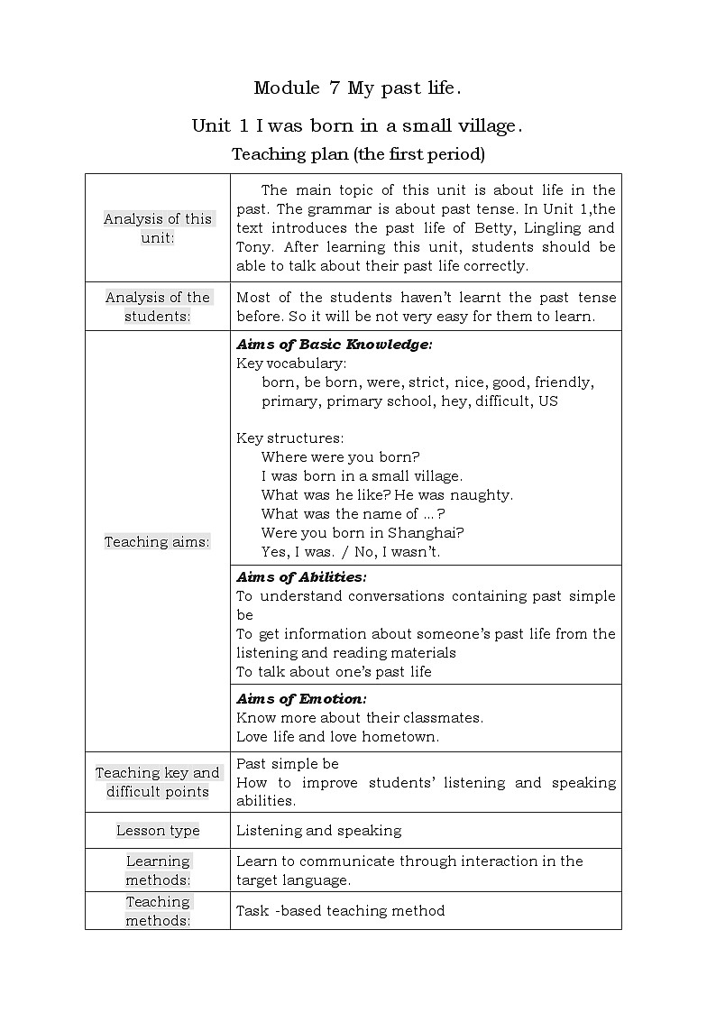 外研版英语七年级下册 Module 7 Unit 1 I was born in a small village. 教案01
