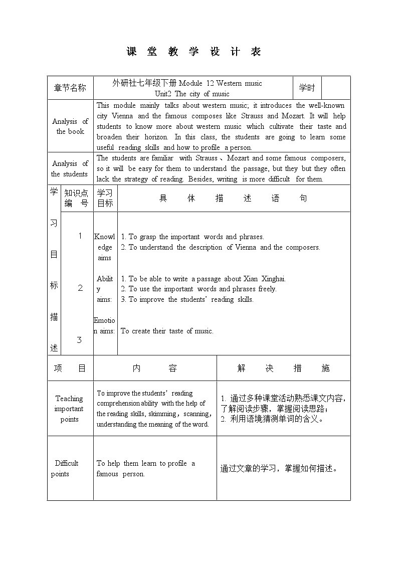 外研版英语七年级下册 Module 12 Unit 2 Vienna is the centre of European classical music.(1) 教案01