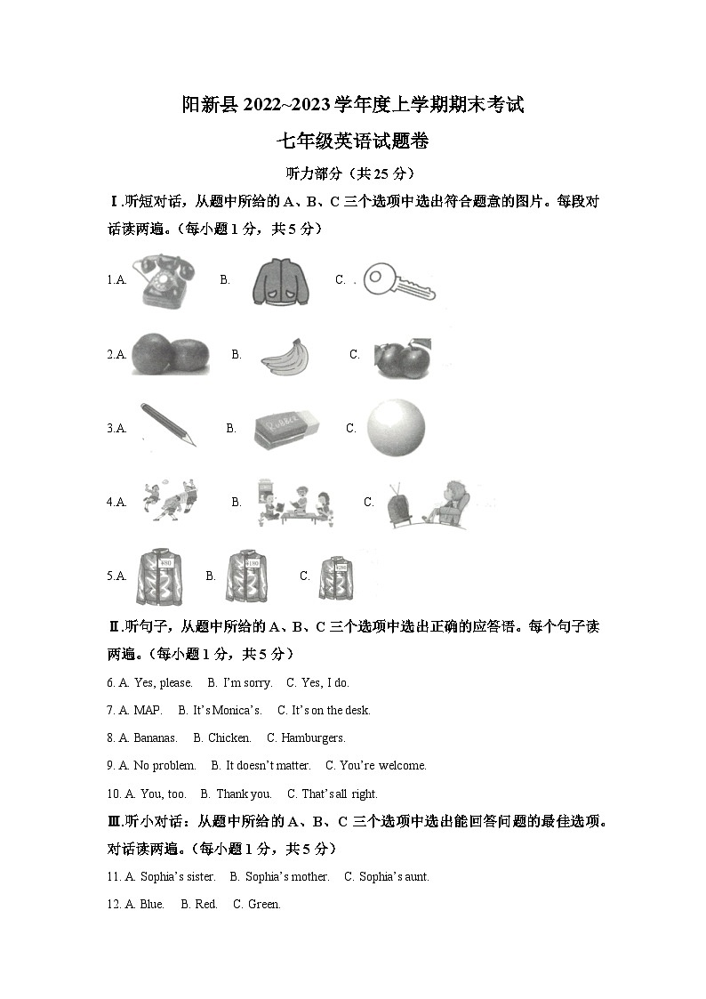湖北省黄石市阳新县2022-2023学年七年级上册期末考试英语试题（含解析）01
