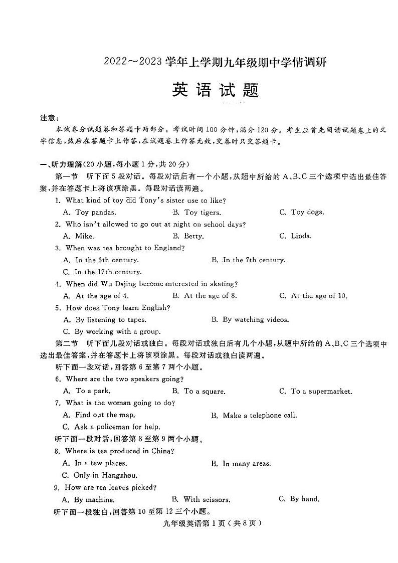 河南省项城市2023-2024学年九年级上学期期中学情调研英语试卷01