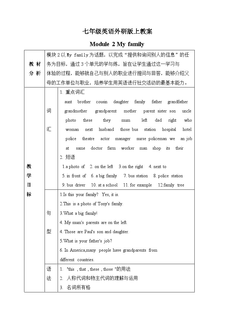 Module 2 My family Unit 1 Is this your mum 教案---七年级英语外研版上教案01