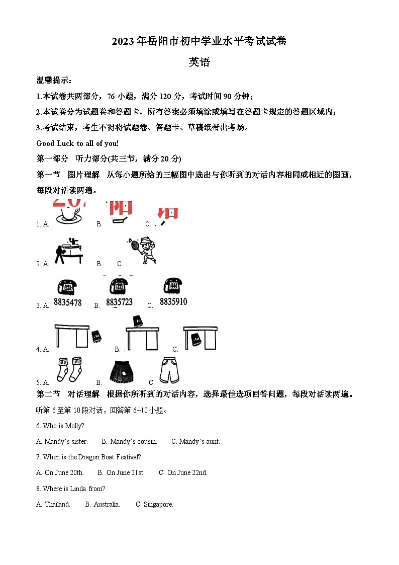 2023年湖南省岳阳市中考英语真题01