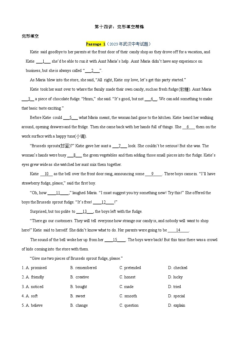 专题14：完形填空精练【考题预测】-2023-2024学年九年级英语上学期期末考点全预测（人教版）01