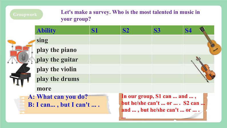 人教新目标版英语七下Unit1 《Can you play the guitar ？》  SectionB(2a-2c)  课件第5页