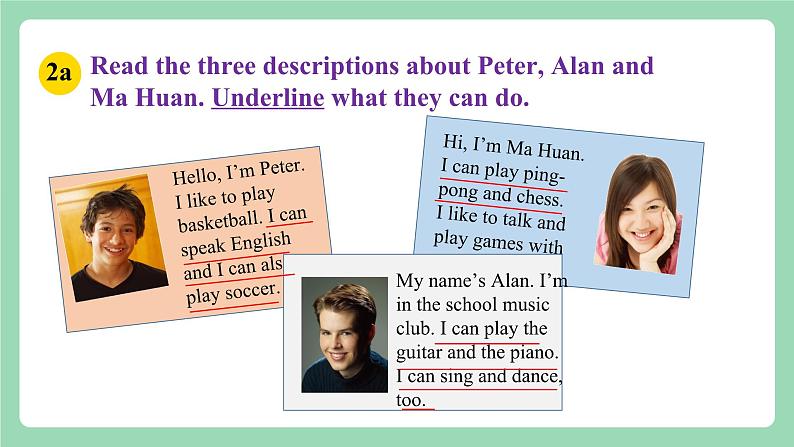 人教新目标版英语七下Unit1 《Can you play the guitar ？》  SectionB(2a-2c)  课件第7页
