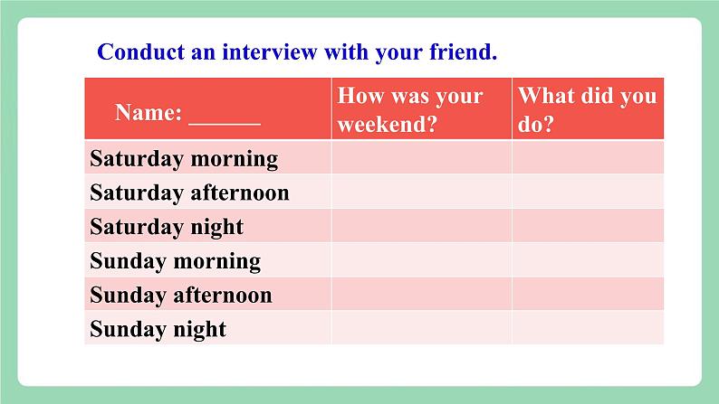 【公开课】人教新目标版英语七下 Unit12《 What did you do last weekend？》SectionB 3a-selfcheck 课件+素材06