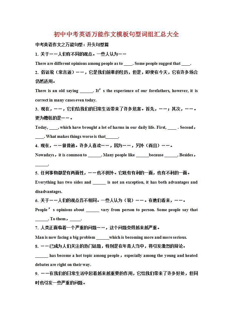 中考英语万能作文模板句型词组汇总课件01