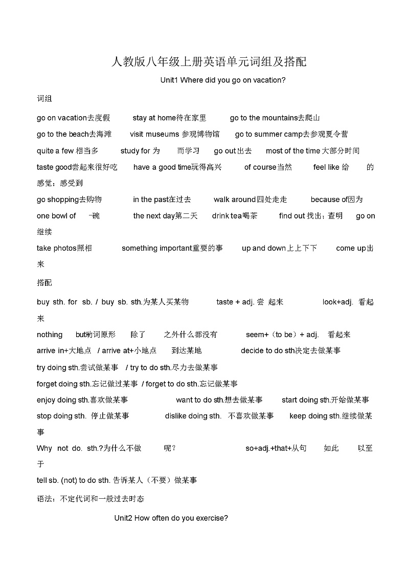 【精品同步练习】人教版八年级上册英语单元词组及搭配练习试卷（无答案）第1页