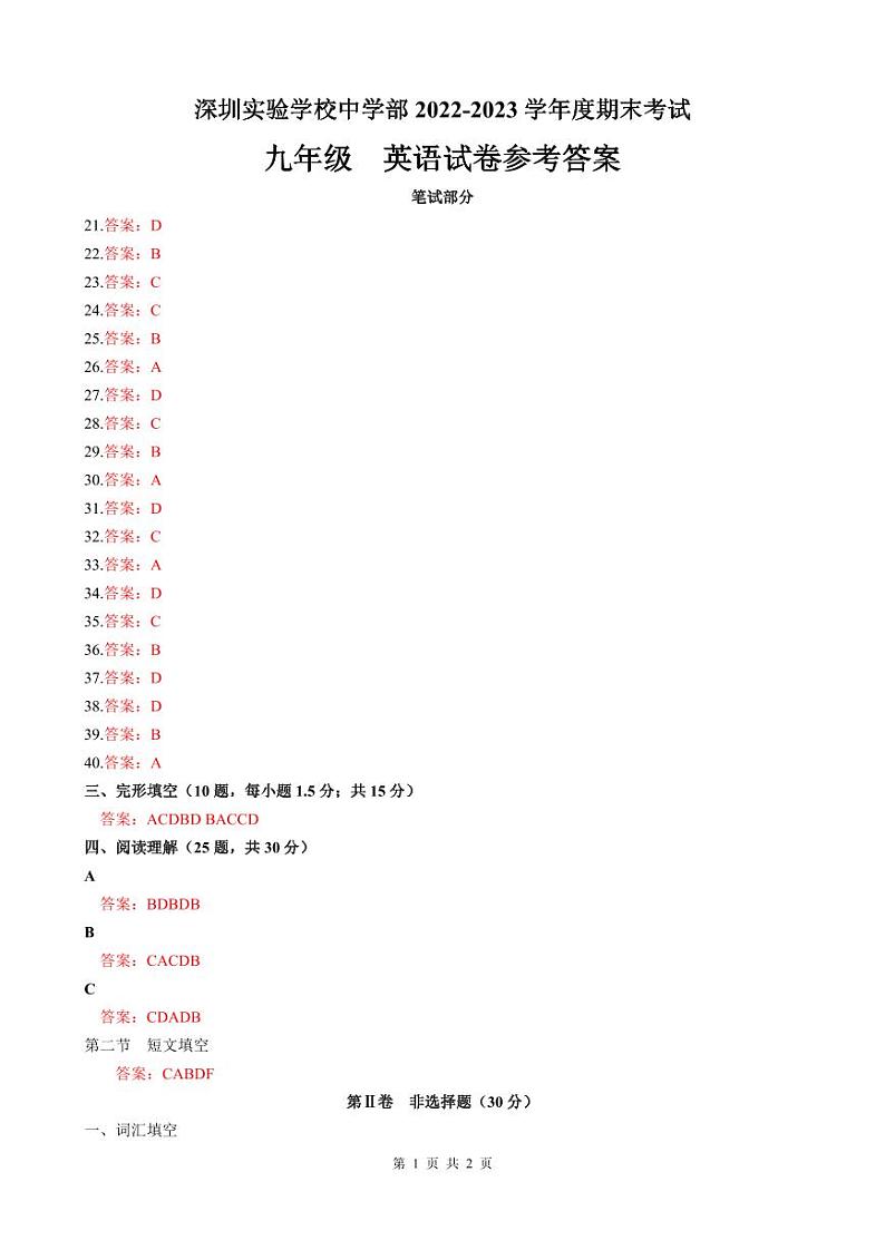 2022-2023深实验学校九年级（上）期末英语答案第1页