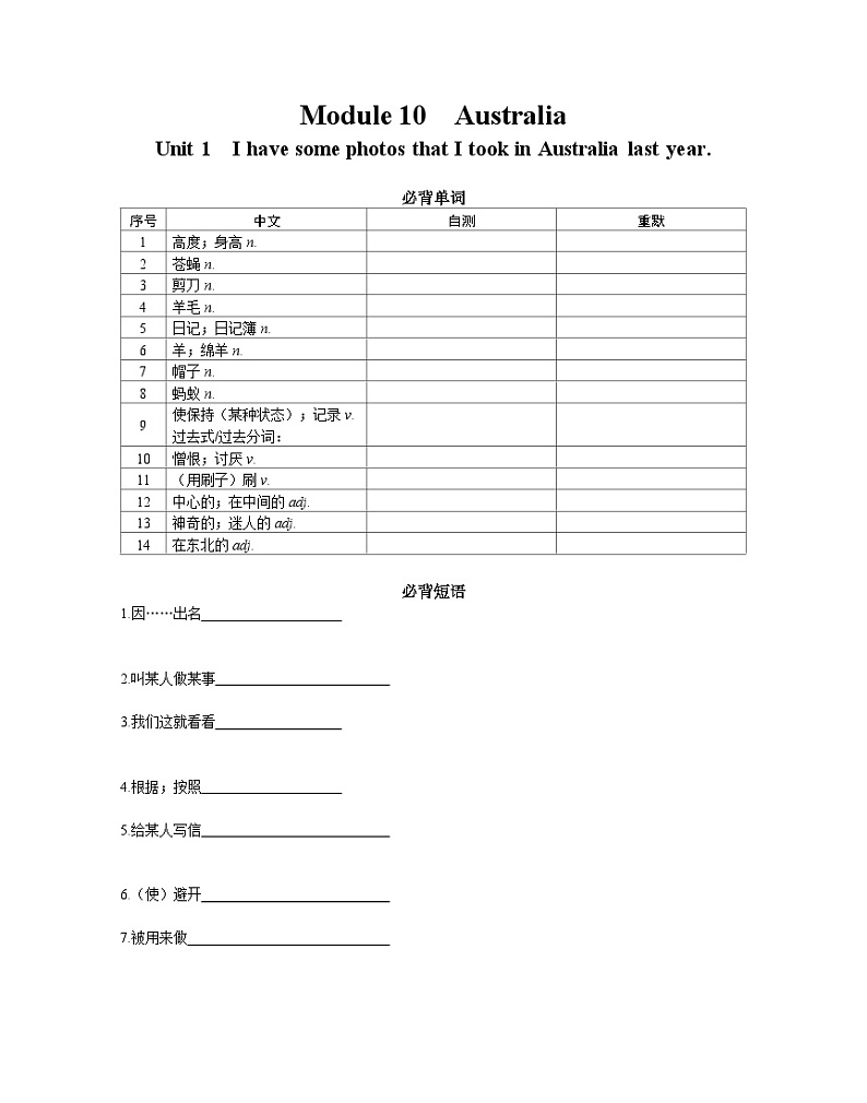 【课时练】外研版 初中英语 九年级上册 Module 10 Australia Unit 1同步默写练习（无答案）01