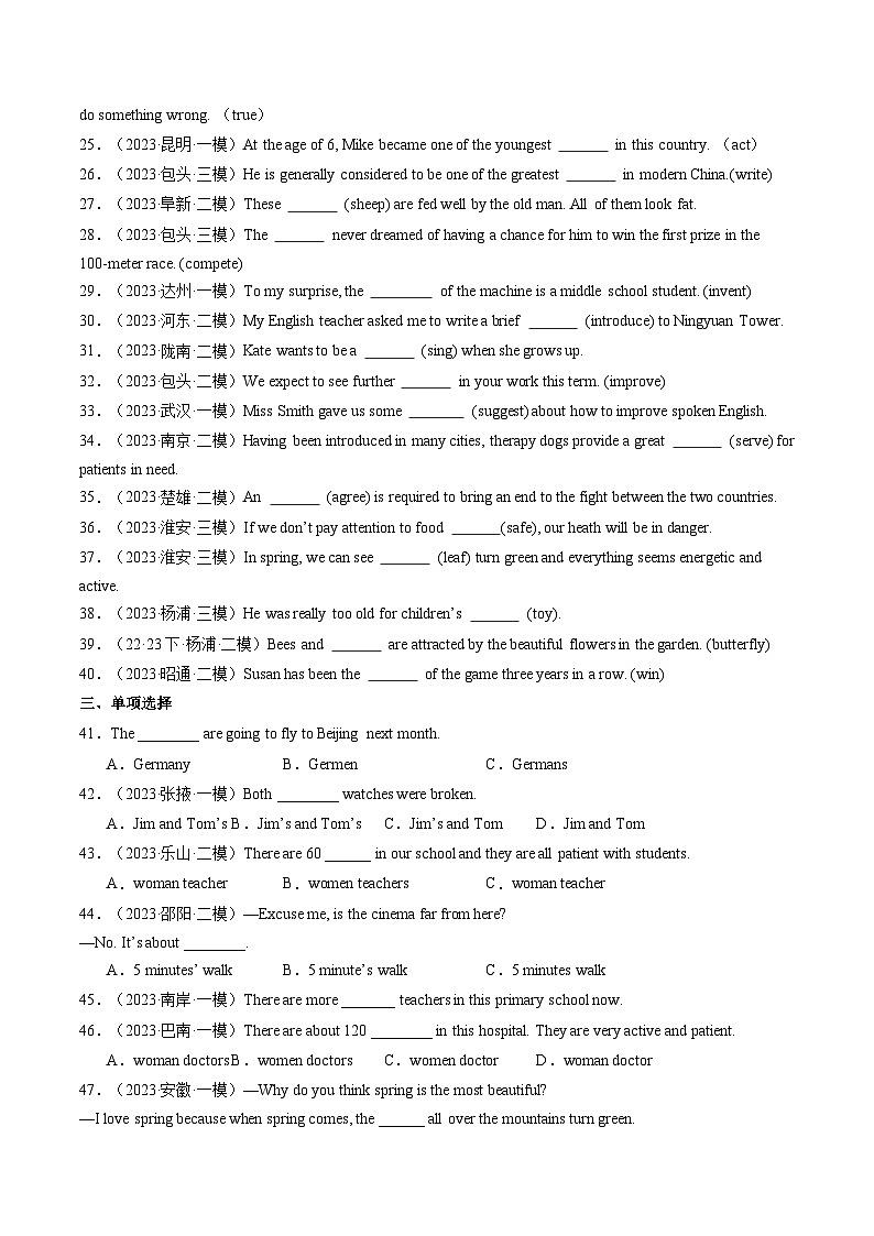 第01讲 名词（练习）-2024年中考英语一轮复习讲练测（全国通用）（原卷版）第2页