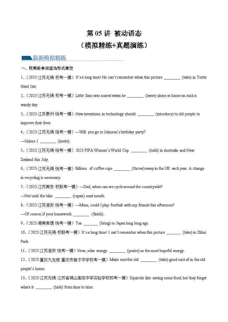 第05讲 被动语态（练习）-2024年中考英语一轮复习讲练测（全国通用）（原卷版）第1页