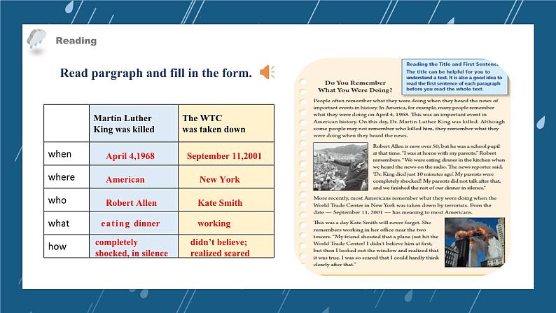 【核心素养目标】人教版初中英语八年级下册 Unit5 What were you doing when the rainstorm came？Section B 2a-2e教案+课件07