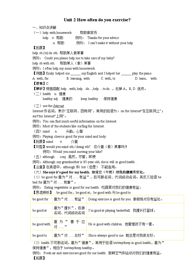 Unit 2 How often do you exercise知识点精讲精练-英语八年级上册教材知识点精讲精练(人教新目标版)第1页