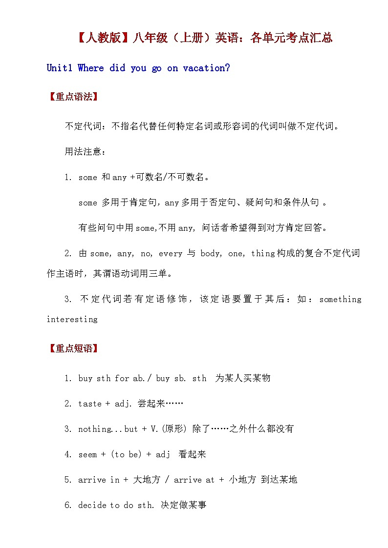 【全套精品专题】  人教版八年级上册期末复习英语八上英语考点汇总01