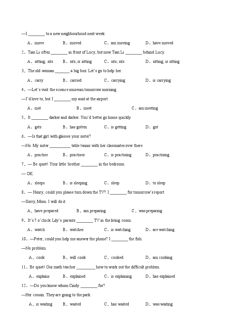 【寒假作业】（牛津译林版）初中英语 2024年八年级  寒假训练 08 现在进行时练习.zip02