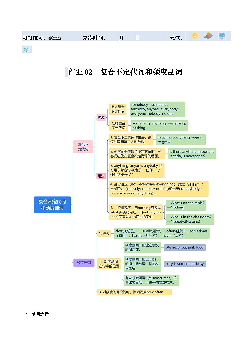 【寒假提升】（人教版）初中英语 2024年八年级上册 寒假培优训练 02  频度副词和复合不定代词（原卷版）第1页