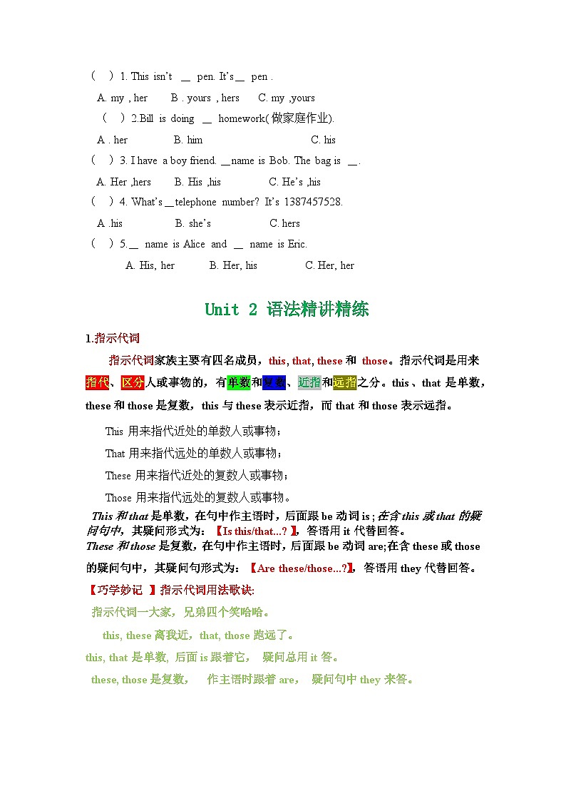 人教版七年级英语上册单元语法精讲精练与专项练习第3页