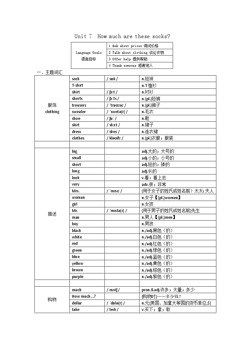 Unit 7 How much are these socks讲义 人教版七年级英语上册第1页