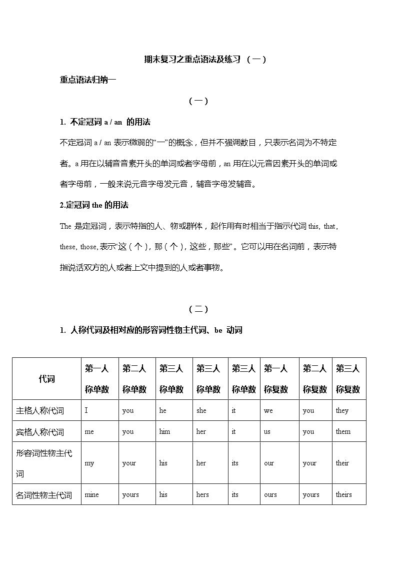 人教版七年级上册期末复习之重点语法及练习（一）第1页